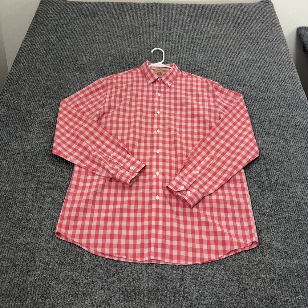 LL Bean Shirt Men M Red Cotton Gingham Plaid Button Down Wrinkle Resistant Style